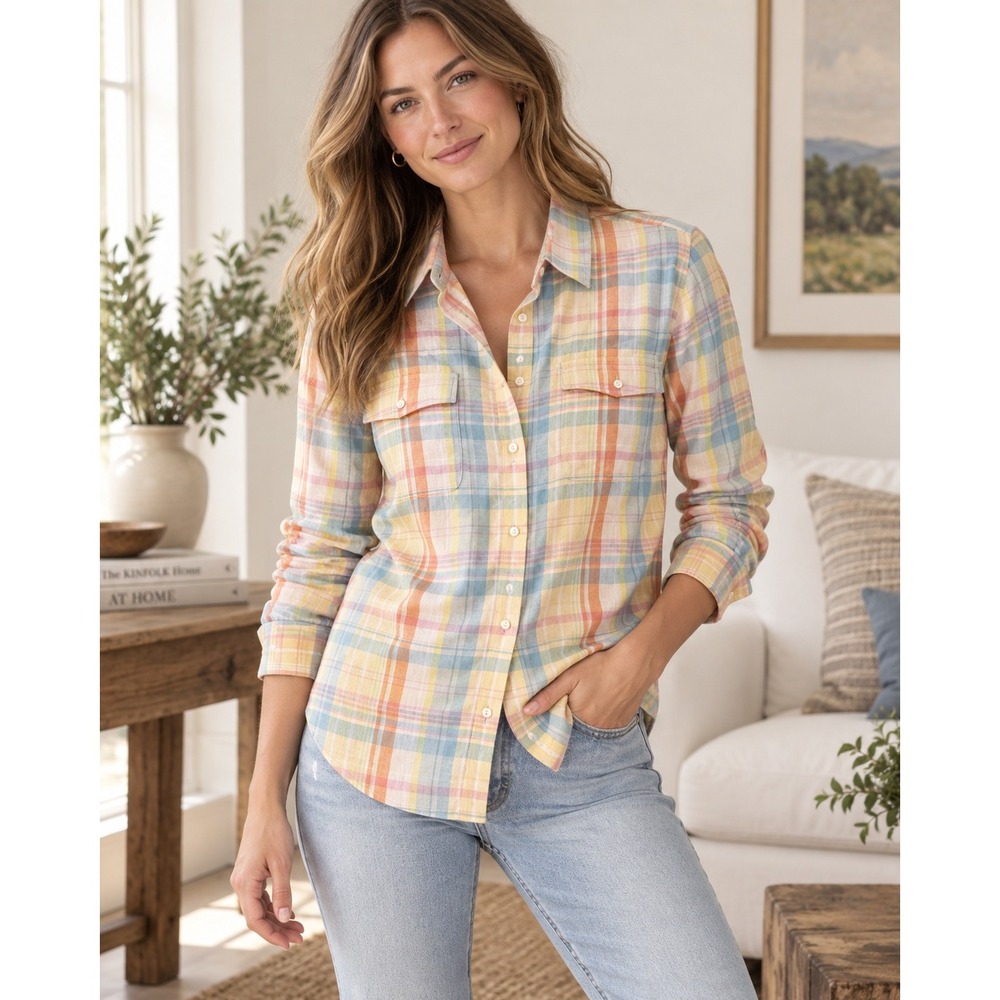 Lauren Ralph Lauren Plaid Shirt Womens Roll Tab Sleeve Pastel Madras Button XL